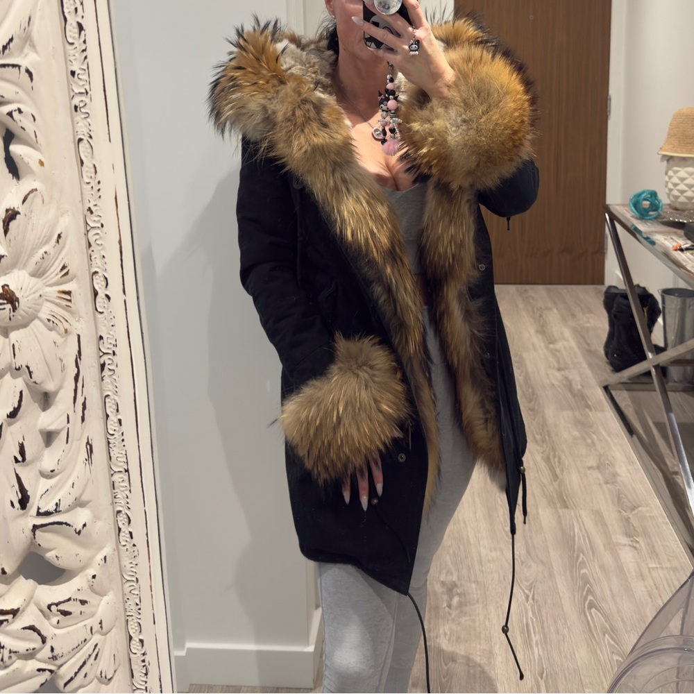 Black Canvas Shell Jacket with Detachable Fox Fur Trim – Size M – $450
